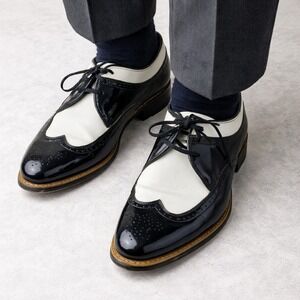 Stacy Adams Mens 9 D Black White Wingtip Formal Gangster Oxfords Patent Leather